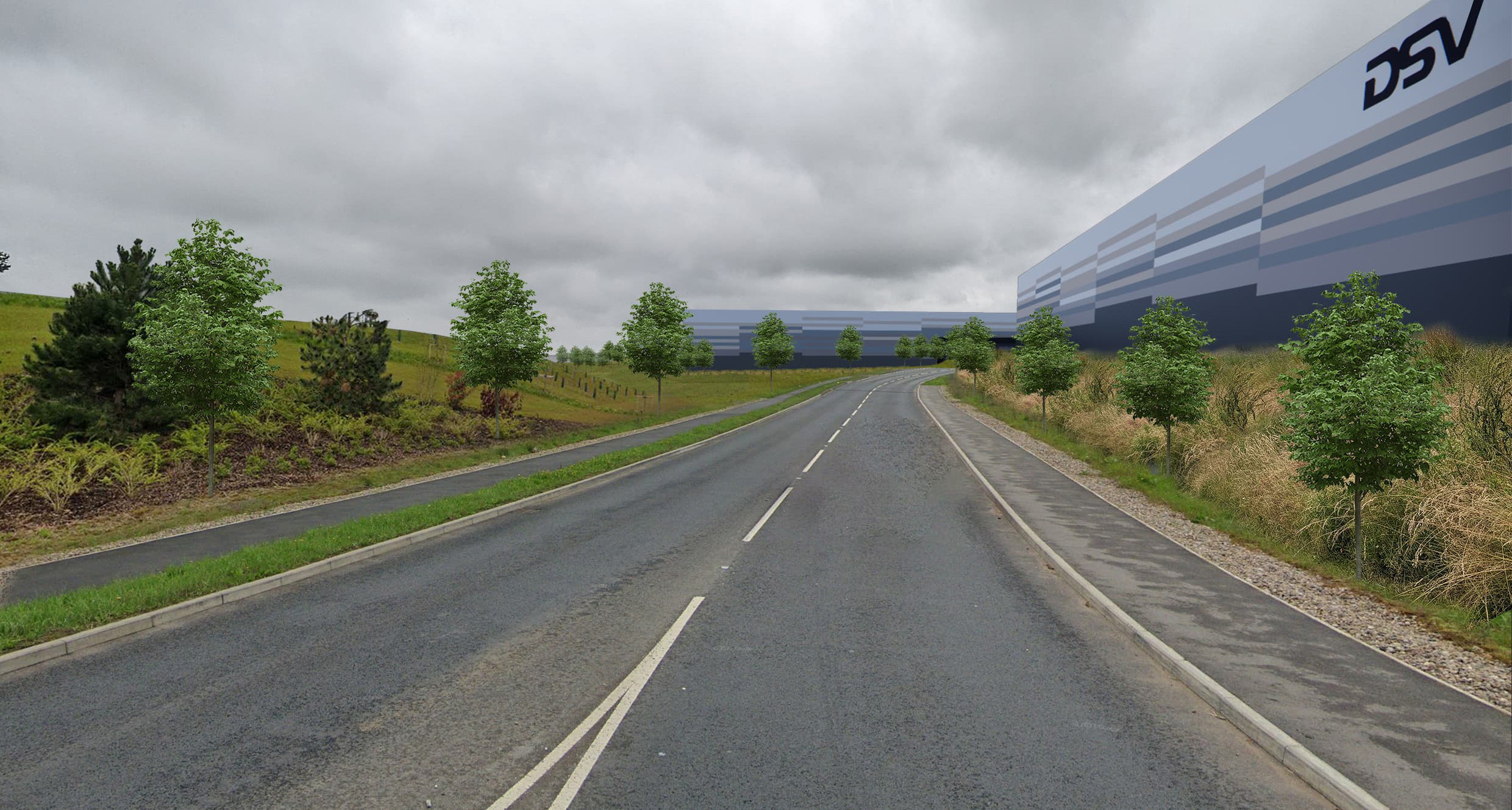 Illustrative view showing new internal site road, with planting at year 1.