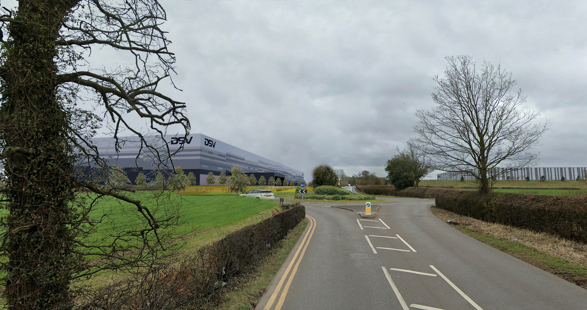 Illustrative view from A444 showing new access roundabout and DSV building, with planting at year 1.